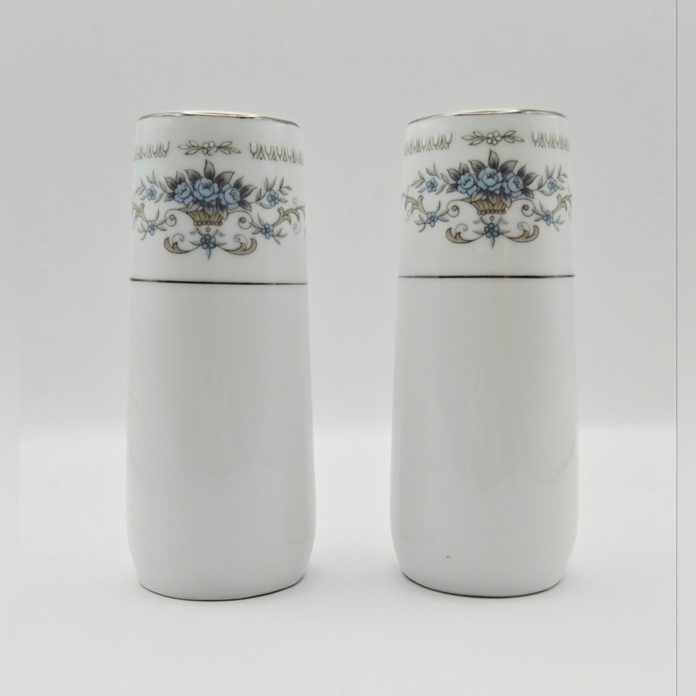 Vintage Japan Floral Porcelain Salt & Pepper Shakers Blue Roses Gold Trim